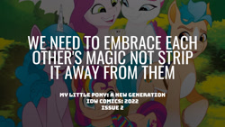 Size: 1280x720 | Tagged: safe, edit, editor:quoterific, idw, hitch trailblazer, izzy moonbow, pipp petals, sunny starscout, zipp storm, earth pony, pegasus, pony, unicorn, g5, my little pony: a new generation, spoiler:comic, spoiler:g5comic, spoiler:g5comic02, cellphone, female, male, mane five, mane stripe sunny, mare, open mouth, open smile, phone, smartphone, smiling, stallion, text