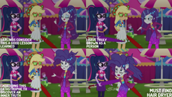Size: 1280x720 | Tagged: safe, edit, edited screencap, editor:quoterific, screencap, applejack, rarity, sci-twi, twilight sparkle, human, equestria girls, g4, inclement leather, inclement leather: vignette valencia, my little pony equestria girls: better together, cowboy hat, eyes closed, female, glasses, hand on hip, hat, music festival outfit, open mouth, open smile, smiling, text, trio, trio female