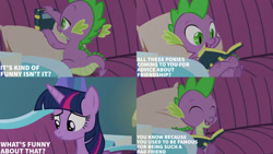 Size: 1280x720 | Tagged: safe, edit, edited screencap, editor:quoterific, screencap, spike, twilight sparkle, alicorn, dragon, pony, amending fences, g4, season 5, ^^, book, cute, duo, eyes closed, female, male, mare, open mouth, open smile, smiling, spikabetes, text, twilight sparkle (alicorn)
