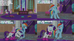 Size: 1280x720 | Tagged: safe, edit, edited screencap, editor:quoterific, screencap, rainbow dash, rarity, pegasus, pony, unicorn, g4, season 8, the end in friend, butt, duo, eyes closed, female, flying, magic, mare, open mouth, open smile, plot, rearity, smiling, spread wings, telekinesis, text, wings