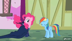 Size: 640x360 | Tagged: safe, screencap, pinkie pie, rainbow dash, earth pony, pegasus, pony, g4, season 2, the mysterious mare do well, animated, blinking, duo, female, gif, gifs.com, mare, mare do well costume, nose in the air, open mouth, pinkie being pinkie, pinkie sense, tail, twitchy tail