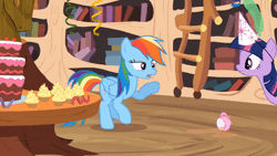 Size: 520x293 | Tagged: safe, screencap, rainbow dash, twilight sparkle, alicorn, pegasus, pony, daring don't, g4, season 4, animated, cake, cupcake, duo, female, food, gif, golden oaks library, hat, lying down, mare, open mouth, party hat, spread wings, twilight sparkle (alicorn), wings