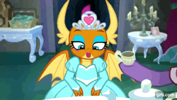 Size: 640x360 | Tagged: safe, screencap, smolder, dragon, pony, g4, season 8, what lies beneath, animated, clothes, cup, cute, dragoness, dress, drink, drinking, eyes closed, female, gif, gifs.com, open mouth, open smile, princess smolder, puffy sleeves, smiling, smolderbetes, solo focus, teacup, wings