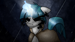 Size: 1920x1080 | Tagged: safe, artist:aaftergloweeye, pony of shadows, stygian, pony, unicorn, g4, shadow play, black sclera, cloak, clothes, glowing, glowing horn, horn, male, possessed, rain, solo, stallion