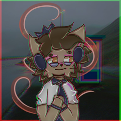 Size: 768x768 | Tagged: safe, artist:nastya bosenko, oc, oc only, oc:sagiri himoto, anthro, abstract background, arm hooves, brown mane, chest fluff, crown, cuffs, dark, female to male, glasses, headphones, hoof on chest, jewelry, male, messy mane, missing horn, necktie, regalia, rule 63, shore, solo, wrong eye color