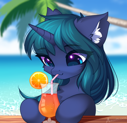 Size: 2342x2272 | Tagged: safe, alternate character, alternate version, artist:airiniblock, oc, oc only, oc:arclight, pony, unicorn, alcohol, beach, cocktail, commission, drink, drinking straw, ear fluff, food, high res, horn, icon, ocean, orange, palm tree, solo, tree, unicorn oc, water, ych result