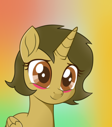 Size: 1060x1201 | Tagged: safe, alternate version, anonymous artist, artist:teepew, edit, oc, oc only, oc:sagiri himoto, alicorn, pony, abstract background, base used, blushing, brown coat, brown eyes, brown hair, brown mane, brown tail, closed mouth, eyelashes, fanart, horn, no tail, sad, solo, upset