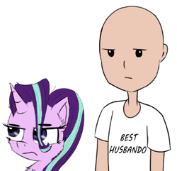 Size: 362x349 | Tagged: safe, artist:chopsticks, edit, starlight glimmer, oc, oc:richard, human, pony, unicorn, horse wife, g4, clothes, cropped, female, frown, male, mare, shirt, simple background, starlight glimmer is not amused, text, unamused, white background