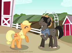 Size: 1628x1212 | Tagged: safe, artist:churobu, applejack, earth pony, pony, g4, barn, clothes, duo, eyes closed, female, male, mare, outdoors, raised hoof, smiling, stallion, unshorn fetlocks