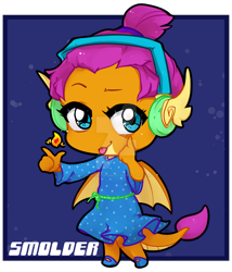 Size: 1024x1198 | Tagged: safe, artist:midnightpremiere, smolder, dragon, anthro, g4, chibi, clothes, cute, deviantart watermark, dragoness, dress, eyelid pull, female, fire, headphones, obtrusive watermark, ponytail, smolderbetes, solo, tongue out, watermark