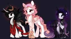 Size: 1280x695 | Tagged: safe, artist:dammmnation, oc, oc only, alicorn, bat pony, bat pony alicorn, pegasus, pony, bat wings, clothes, ethereal mane, eyelashes, female, hoof shoes, horn, mare, pegasus oc, smiling, starry mane, wings