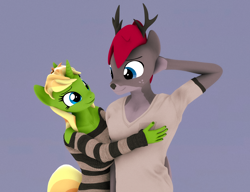 Size: 2800x2150 | Tagged: safe, artist:arcanetesla, oc, oc only, oc:marlyn, oc:mysti tesla, deer, unicorn, anthro, 3d, arm behind head, duo, female, high res, hug, male, source filmmaker