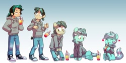 Size: 1257x636 | Tagged: safe, artist:chub-wub, lyra heartstrings, human, pony, unicorn, g4, bipedal, clothes, commission, converse, covering, covering crotch, denim, dig the swell hoodie, drawstrings, drink, drinking, emanata, eyes closed, female, floating heart, gradient background, heart, hoodie, human facial structure, human female, human to pony, jeans, light skin, mare, pants, shoes, transformation, transformation sequence