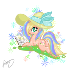 Size: 2518x2278 | Tagged: safe, artist:xcosmicghostx, oc, oc only, pony, unicorn, abstract background, book, female, hat, high res, horn, mare, signature, smiling, solo, sun hat, unicorn oc
