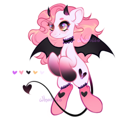 Size: 1752x1692 | Tagged: safe, artist:whohwo, oc, oc only, pony, bat wings, choker, clothes, female, heartbreak, horns, mare, simple background, smiling, socks, solo, white background, wings