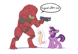 Size: 3600x2500 | Tagged: safe, artist:kittytitikitty, twilight sparkle, alien, krogan, pony, unicorn, fanfic:sparkle's no. 1 assistant, g4, armor, duo, fanfic, high res, mass effect, teaching, unicorn twilight, wanderer d, wrex