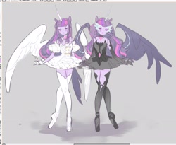 Size: 2064x1696 | Tagged: safe, artist:costly, twilight sparkle, human, equestria girls, g4, clothes, dress, eyes closed, female, horn, midnight sparkle, ponied up, white wings, wings