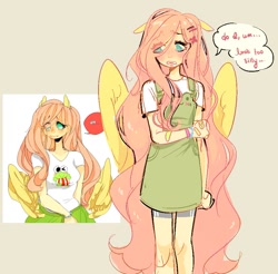 Size: 910x896 | Tagged: safe, artist:costly, fluttershy, human, clothes, eye clipping through hair, female, humanized, simple background, solo, speech bubble, winged humanization, wings