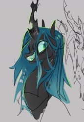 Size: 1055x1535 | Tagged: safe, artist:costly, queen chrysalis, changeling, changeling queen, bust, female, gray background, mare, simple background, solo