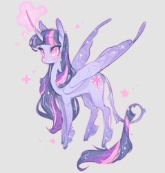 Size: 985x1032 | Tagged: safe, artist:costly, twilight sparkle, alicorn, pony, g4, female, glowing, glowing horn, gray background, horn, leonine tail, magic, magic aura, mare, simple background, solo, tail, twilight sparkle (alicorn), wings