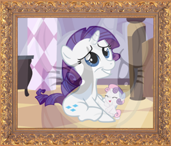 Size: 2644x2268 | Tagged: safe, artist:beavernator, rarity, sweetie belle, pony, unicorn, g4, baby, baby belle, baby pony, bipedal, cute, diasweetes, duo, eyes closed, female, filly, filly rarity, frame, high res, open mouth, open smile, photo, reflection, smiling, younger
