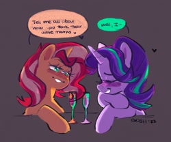 Size: 2048x1707 | Tagged: safe, artist:goshhhh, starlight glimmer, sunset shimmer, pony, unicorn, g4, alcohol, blushing, dialogue, drunk, duo, female, glass, go home you're drunk, heart, lesbian, ship:shimmerglimmer, shipping, simple background, speech bubble, wine glass