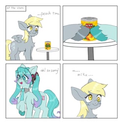Size: 1200x1200 | Tagged: safe, artist:exxi00, derpy hooves, earth pony, pegasus, pony, g4, anime, canned food, comic, crossover, crossover shipping, derpymiku, dialogue, duo, female, food, hatsune miku, headphones, herbivore, lesbian, necktie, peach, ponified, shipping, vocaloid