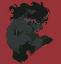 Size: 1516x1608 | Tagged: dead source, safe, artist:ghoulhowls, king sombra, pony, unicorn, g4, crying, curled up, ear fluff, ears back, leg fluff, male, red background, simple background, solo, sombra eyes, stallion, vent art