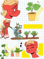 Size: 1536x2048 | Tagged: safe, artist:cloudydr0p, artist:latiatonta, sprout cloverleaf, earth pony, pony, g5, a better ending for sprout, cute, garden, garden hose, gardening, happy, hose, male, mouth hold, music notes, plant, potted plant, rhubarb, sad, singing, solo, sprout and a sprout, sprout with a sprout, sproutbetes, stallion, tomato