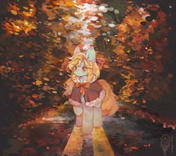 Size: 2048x1821 | Tagged: safe, artist:sugarcloud59, oc, oc only, earth pony, pony, autumn, bow, cloak, clothes, female, forest, hair bow, road, solo