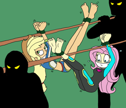 Size: 1588x1358 | Tagged: safe, artist:bugssonicx, applejack, fluttershy, human, equestria girls, g4, abduction, ass, barefoot, bikini, bondage, bound and gagged, butt, carrying, cloth gag, clothes, crying, damsel in distress, feet, fluttershy's wetsuit, gag, help us, swimsuit, wetsuit