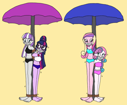 Size: 2101x1728 | Tagged: safe, artist:bugssonicx, dean cadance, princess cadance, princess flurry heart, sci-twi, twilight sparkle, twilight velvet, human, equestria girls, g4, barefoot, beach, beach umbrella, belly button, bikini, bondage, bound and gagged, clothes, equestria girls-ified, feet, female, gag, grandmother and grandchild, group, help us, midriff, mother and child, mother and daughter, older, older flurry heart, pole tied, quartet, rope, rope bondage, sisters-in-law, swimsuit, tape, tape gag