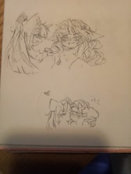 Size: 1560x2080 | Tagged: safe, artist:sugarcloud59, oc, oc only, pony, unicorn, blushing, cross-popping veins, female, flower, kissing, lesbian, oc x oc, photo, shipping, sketch, traditional art