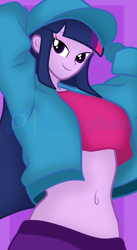 Size: 3000x5456 | Tagged: safe, artist:milkyboo898, twilight sparkle, human, equestria girls, arm behind head, breasts, busty twilight sparkle, clothes, female, hat, jacket, midriff, outfit, soft color, solo, watermark