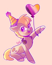 Size: 1638x2048 | Tagged: safe, artist:erieillustrates, oc, oc only, oc:cookie malou, earth pony, pony, balloon, birthday, earth pony oc, female, hat, headphones, heart balloon, nonbinary pride flag, party hat, pride, pride flag, simple background, solo, unshorn fetlocks