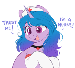 Size: 650x593 | Tagged: safe, artist:higgly-chan, izzy moonbow, pony, unicorn, g5, bust, choker, clothes, cute, dialogue, female, hat, head turned, izzybetes, mare, nurse, nurse hat, open mouth, open smile, simple background, smiling, socks, solo, stockings, thigh highs, this is gonna suck, trust me, white background