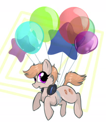 Size: 1578x1833 | Tagged: safe, artist:fatiguealope, oc, oc only, oc:cookie malou, earth pony, pony, abstract background, balloon, cute, female, floating, headphones, mare, solo