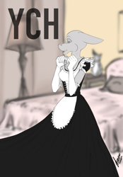 Size: 1640x2360 | Tagged: safe, artist:stirren, anthro, advertisement, clothes, commission, dress, female, long skirt, maid, room, skirt, solo, your character here