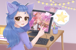Size: 3000x2000 | Tagged: safe, artist:saltyvity, oc, alicorn, fox, human, anime style, book, computer, cute, floppy ears, genshin impact, high res, humanized, long hair, pc, pc game, peace sign, pencil, pink background, simple background, solo, stars, table, yae miko (genshin impact), yellow eyes