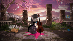 Size: 3840x2160 | Tagged: safe, artist:laylahorizonsfm, octavia melody, butterfly, earth pony, pony, g4, 3d, applejack's hat, background pony, bipedal, book, cello, cherry blossoms, clothes, cowboy hat, crystal, daring do and the quest for the sapphire stone, female, flower, flower blossom, hat, high res, implied mane six, lead pony badge, musical instrument, pinkie pie's cutie mark, scenery, solo, source filmmaker, twilight's cutie mark