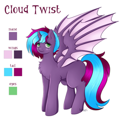 Size: 3543x3543 | Tagged: safe, artist:kirari_chan, oc, oc only, oc:cloud twist, alicorn, bat pony, pony, alicorn oc, bat pony oc, bat wings, commission, commission open, cute, full body, green eyes, high res, horn, long tail, purple mane, reference sheet, short hair, signature, simple background, solo, tail, white background, wings