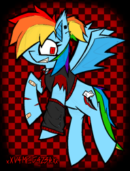 Size: 1222x1600 | Tagged: safe, artist:xxv4mp_g4z3rxx, rainbow dash, bat pony, pony, g4, alternate cutie mark, alternate design, alternate hairstyle, arm warmers, bandage, checkered background, clothes, ear piercing, fangs, female, hoodie, injured, kinsona, multicolored hair, piercing, ponytail, rainbow hair, rainbow tail, red eyes, solo, species swap, tail
