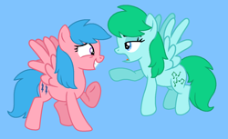 Size: 1323x812 | Tagged: safe, artist:jigglewiggleinthepigglywiggle, firefly, medley, pegasus, pony, g1, g4, base used, best friends, blue background, blue eyes, blue hair, blue mane, blue tail, cute, duo, female, firefly is a tomboy, flyabetes, flying, friends, g1 to g4, generation leap, green hair, green mane, green tail, grin, lidded eyes, mare, medley can fly, medley is a tomboy, medleybetes, pointing, purple eyes, raised arm, simple background, smiling, tail, talking, tomboy, varying degrees of want