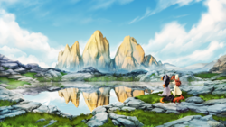 Size: 4492x2527 | Tagged: safe, artist:inowiseei, oc, oc only, earth pony, pegasus, pony, 16:9, cloud, duo, folded wings, glasses, grass, hairband, high res, lake, mountain, outdoors, reflection, ripples, rock, scenery, scenery focus, scenery porn, sitting, smiling, tail, two toned hair, two toned mane, two toned tail, wallpaper, water, wings