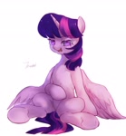 Size: 1694x1833 | Tagged: safe, artist:tingsan, twilight sparkle, alicorn, pony, bedroom eyes, featureless crotch, female, hoof on belly, looking at you, mare, open mouth, simple background, sitting, solo, spread legs, spreading, twilight sparkle (alicorn), white background, wings, wings down