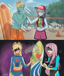 Size: 2924x3500 | Tagged: safe, artist:hikari_aoq, applejack, fluttershy, gladys, rainbow dash, zephyr breeze, human, blue crushed, equestria girls, equestria girls series, g4, ..., 2 panel comic, beach, belly button, clothes, comic, crack, cross-popping veins, female, fluttershy's wetsuit, geode of super speed, geode of super strength, high res, holding hands, implied appledash, implied lesbian, implied shipping, magical geodes, male, sleeveless, surfboard, sweat, sweatdrop, swimsuit, wetsuit, wtf