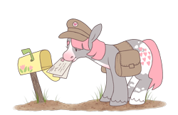 Size: 2700x1746 | Tagged: safe, artist:horseytown, snuzzle, earth pony, pony, g1, bag, letter, mailbox, mailmare, mouth hold, saddle bag, simple background, solo, transparent background