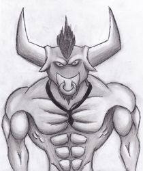 Size: 1016x1207 | Tagged: safe, artist:gravitythunder, iron will, minotaur, g4, male, monochrome, muscles, muscular male, solo, traditional art