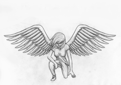 Size: 1672x1170 | Tagged: safe, artist:gravitythunder, rainbow dash, human, g4, female, humanized, monochrome, solo, spread wings, traditional art, winged humanization, wings