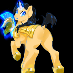 Size: 4000x4000 | Tagged: safe, artist:henyoki, oc, oc only, pony, unicorn, armor, black background, butt, curved horn, female, glowing, glowing horn, guardsmare, helmet, horn, mare, plot, royal guard, simple background, solo, unicorn oc